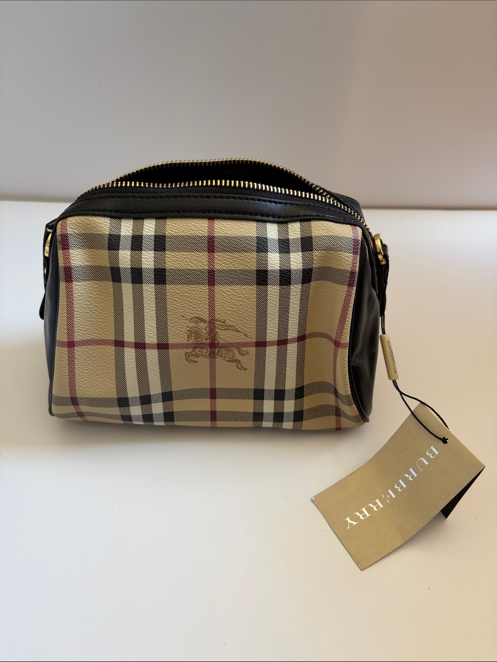 Burberry Beige Check Canvas Crossbody Pouch with Black Trim